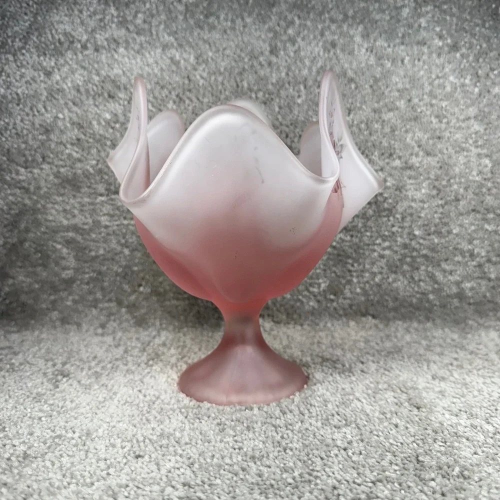 Viking Glass Ruffled Pedestal Bowl Pink Frosted Satin Floral Handkerchief Vase